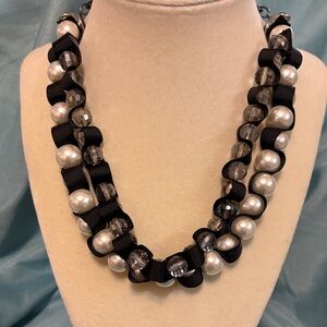 Vera Wang Black ribbon, Pearl and Clear Faceted Beaded Necklace
